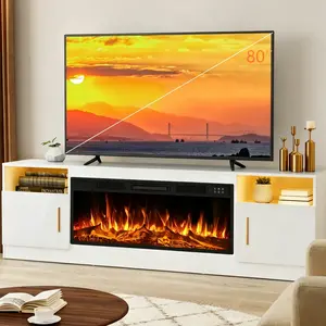 [2 Packages Shipping]Fireplace tv Stand with 36 inch Fireplace Up to 80" TVs,LED Light Entertainment Center and Storage, 70" Modern Wood Media TV Console with Highlight Cabinet for Living Room