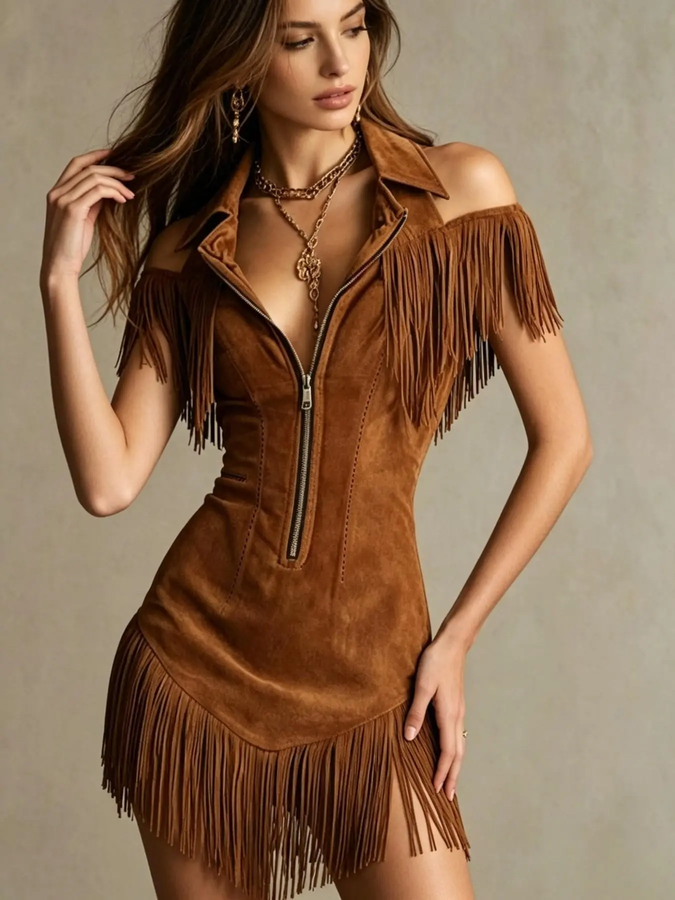2026 New Y2K Retro Suede Fringe Off-Shoulder Dress, Western Style Sexy Waist Short Skirt, Casual Wear Fashion for Outdoor Commute