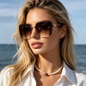 Rimless Oversized Square Sunglasses For Women, Lightweight Luxury Glitter Temple Eyewear With Uv Protection, Face Slimming Stylish Shades Suitable For Travel Daily Outdoor Driving Beach Street Fashion Matching