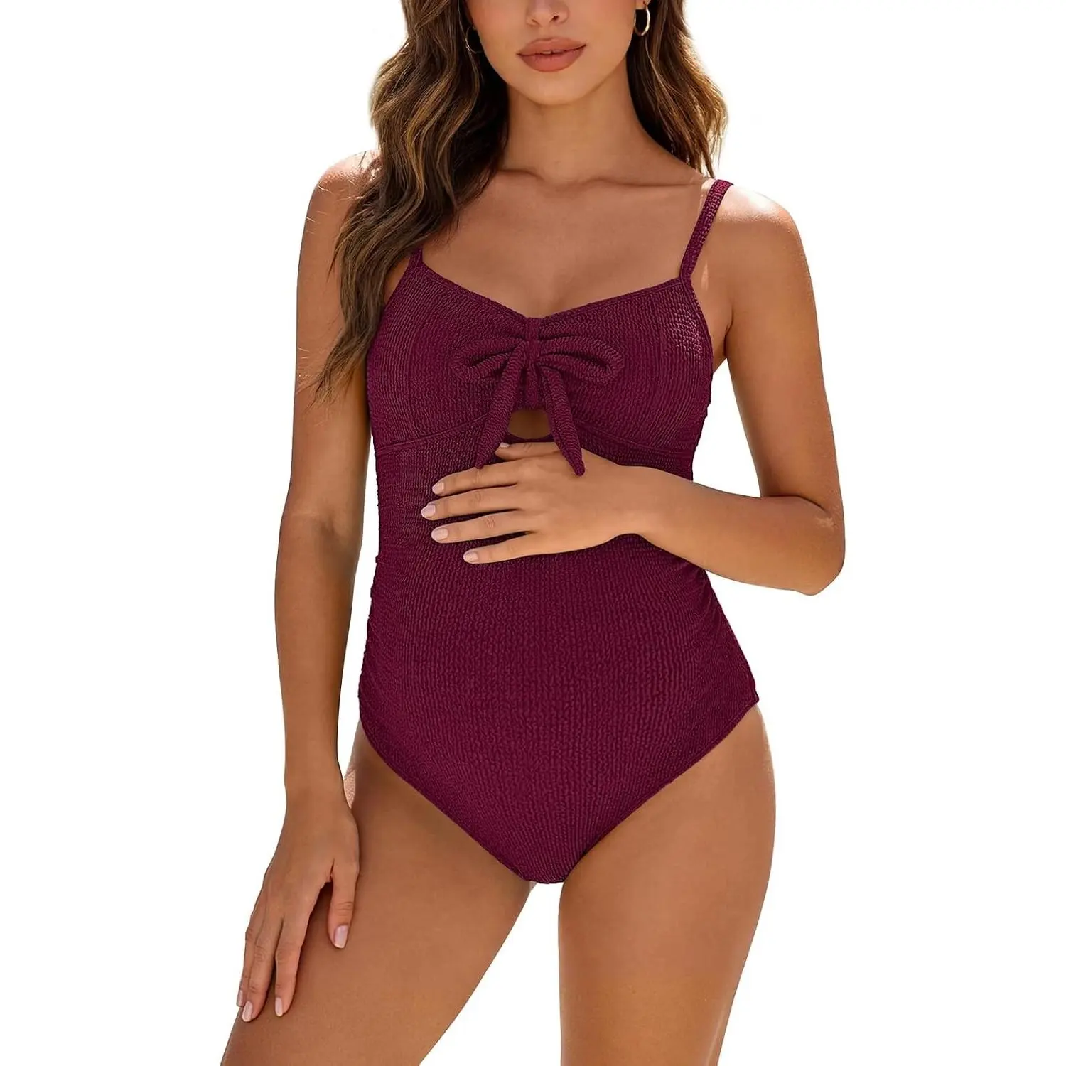 Ribbed Maternity Bathing Suits for Women Tie Knot Swimsuit Ruched Pregnancy Swimwear One Piece Bathing Suit