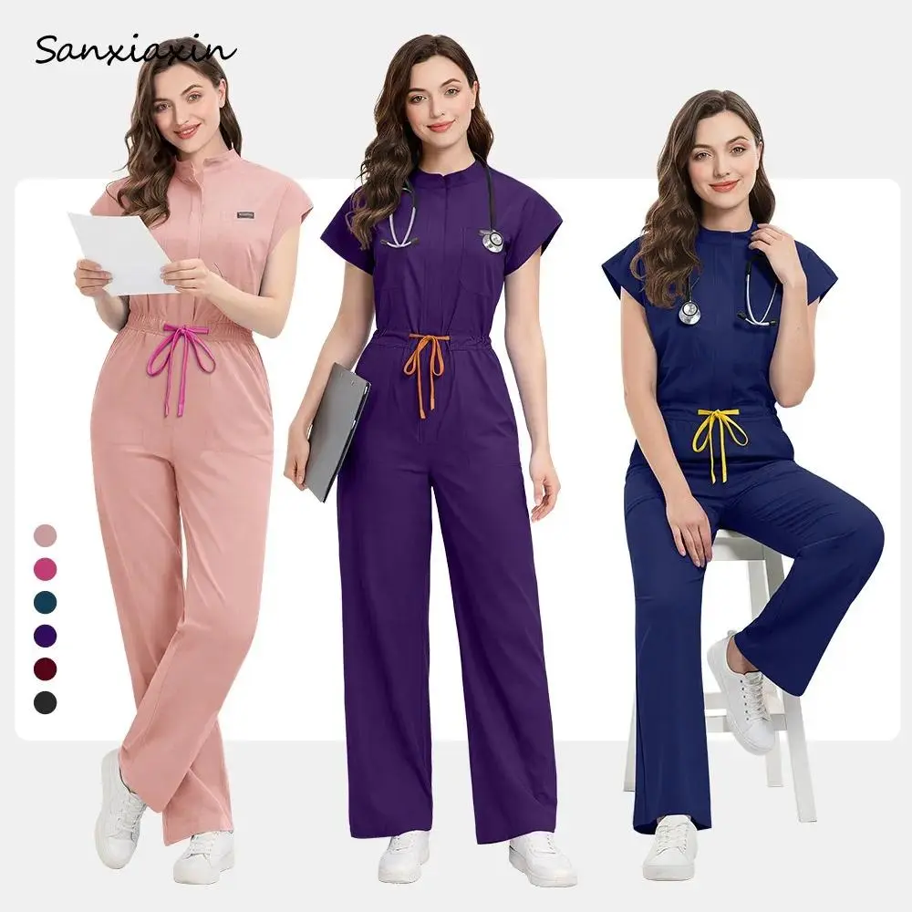 Slim Fitting Elasticity Scrubs Workwear Operating Room Medical Uniforms Nurse Scrubs Jumpsuit Women Solid Color Surgery Clothing