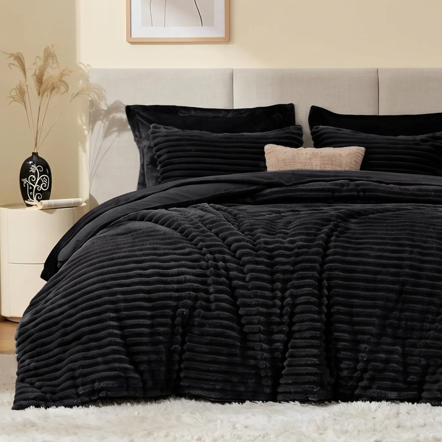 Fluffy Queen Size Comforter Set, 3 Pieces Black Super Soft Faux Fur Stripe Jacquard Bedding Set with 2 Pillowcases, Fleece Winter WarmGift