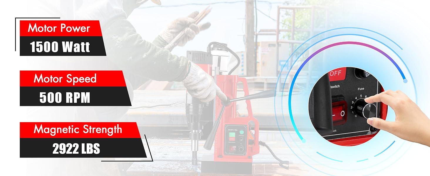 Magnetic Drill Press, 1550W 500RPM Portable Mag Drill Press, 10-Speed Core Drilling Machine for Metal Working, 3Pcs Drill Bits, Red