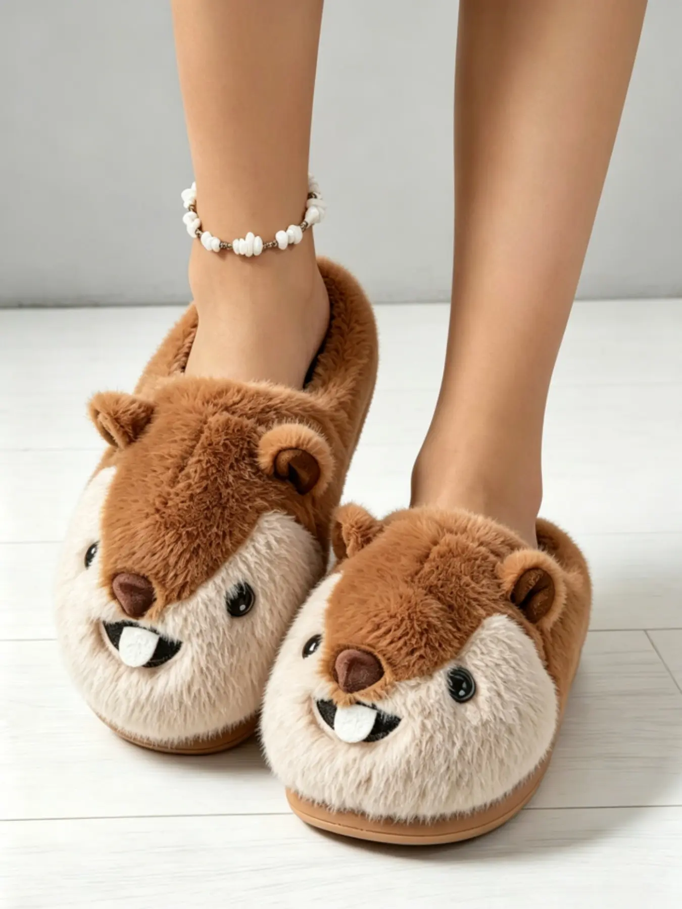 Women's Cute Cartoon Squirrel Plush Slippers, Long Hair Soft Thick Warm Non-Slip Flat Sole, Casual All-Season Home Shoes