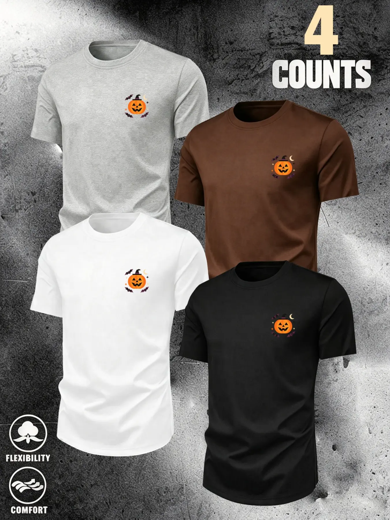 Men's Halloween Festive Pumpkin Bat Moon Badge Print Round Neck Short Sleeve T-Shirt 4-Pack, Casual Loose-Fit Crop Top for All Seasons
