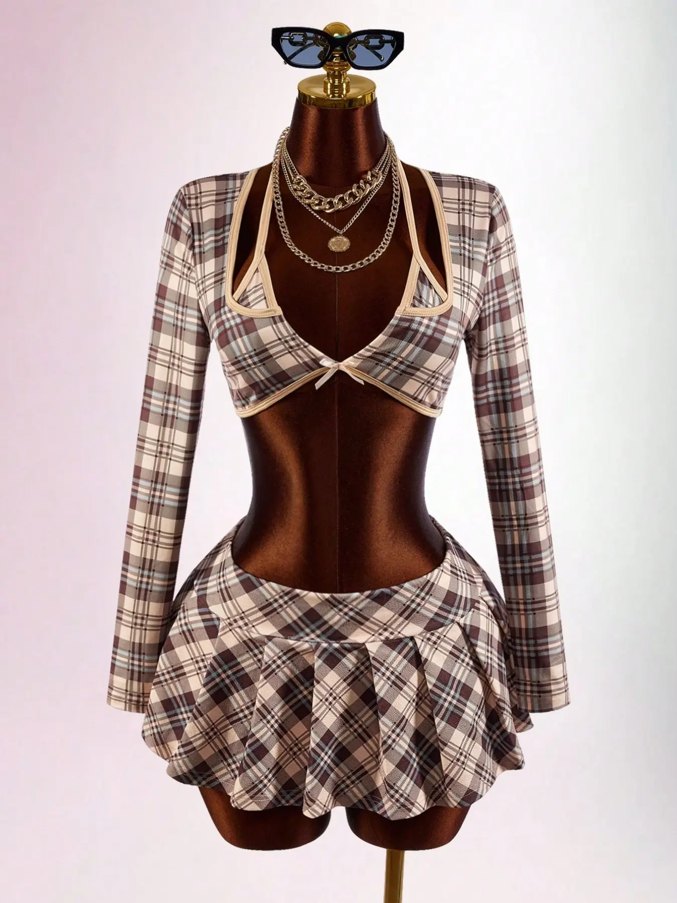 Women's Plaid Long Sleeve Crop Top & Pleated Mini Skirt 2 Piece Set, Chic Preppy Check Print Matching Outfit with Bow Detail, Cute Fall Back to School Going Out Set for Women Two Piece Outfits