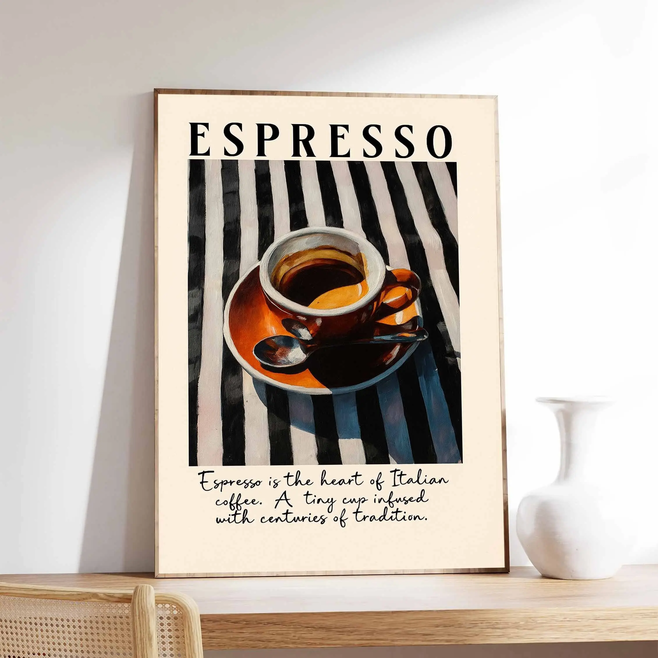 1pc Vintage Espresso Coffee Quote Poster, Unframed Black White Striped Cup Wall Print, Retro Italian Coffee Wall Art, Decor Picture for Cafe, Kitchen, Dining Room, Home Wall Decor, No Frame