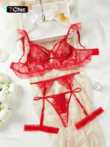 Christmas Midnight Floral Embroidered Lace Lingerie Nightwear Set, Adjustable Bra & Thigh Straps, Comfortable Women's Underwear, Multi-Color, Underwear Sets