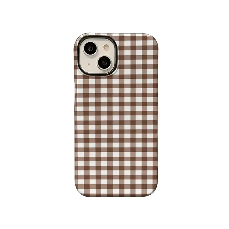 Brown Beige Gingham Plaid Custom Phone Case Cover, Protective, Shockproof, Water-Resistant Shell, Classic Farm Style Accessory for iPhone 17, 16, 15, 14, 13, 12, 11 Plus Pro Max, Warm Daily Gift