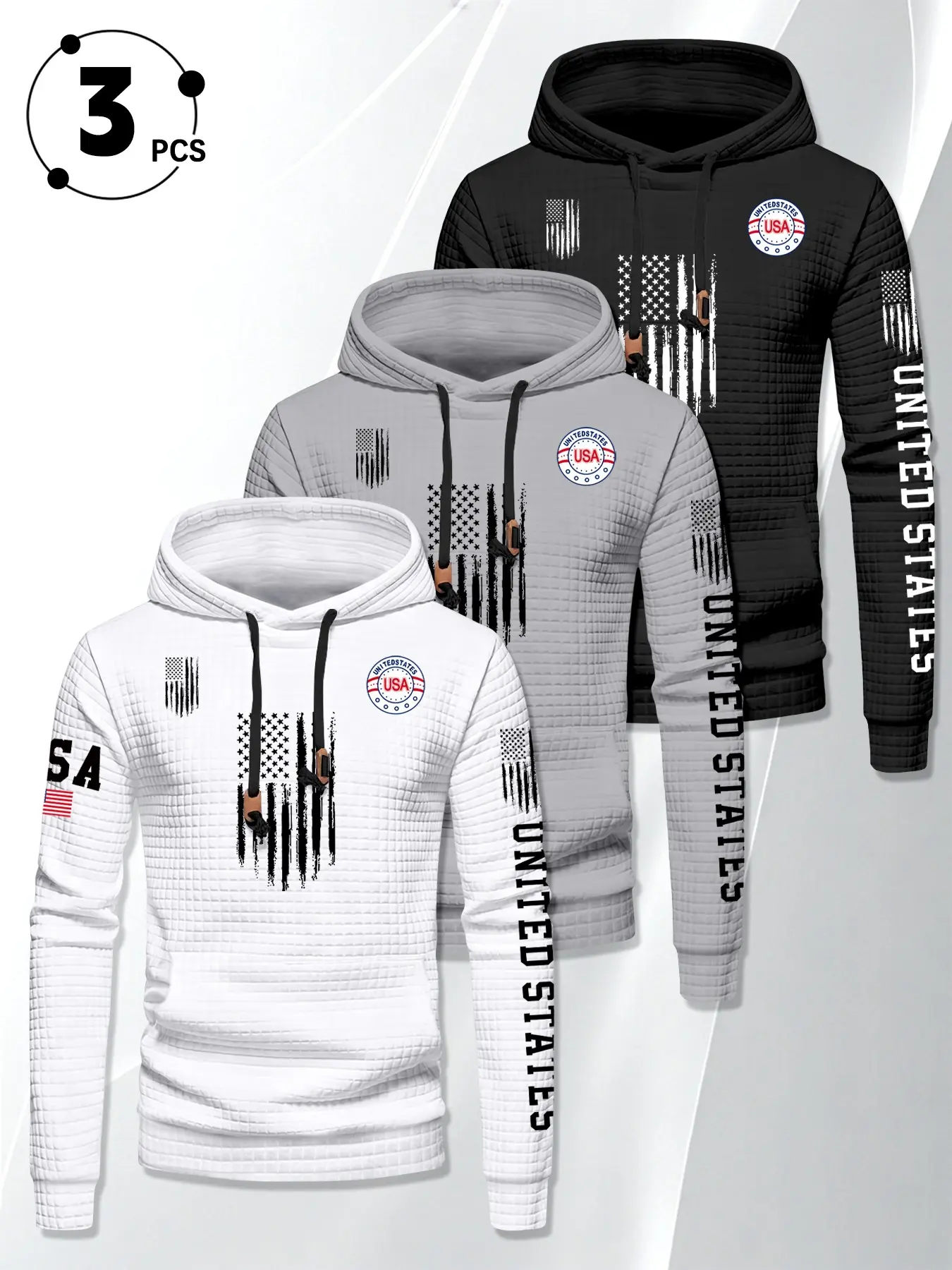 Men's 3-Piece Waffle Hoodie Set, American Vintage Usa Flag Print, Trendy Pullover Casual Fall Winter Fleece Hooded Sweatshirt