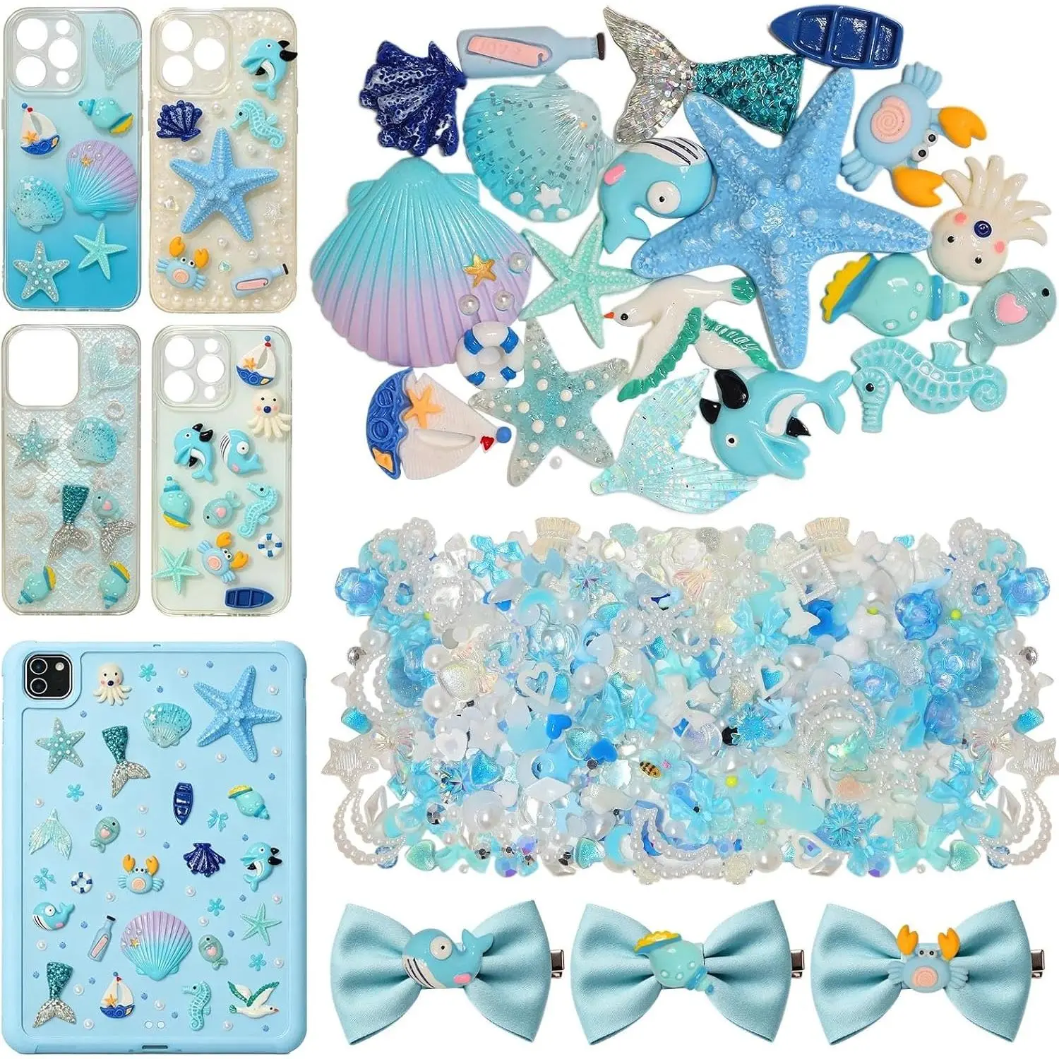 Ocean Theme Junk Case Charms Kit, Blue Bow Flower Heart Charm for Crafting, 3D Starfish Whale Shell Dolphin Big Charms for DIY Craft Accessories
