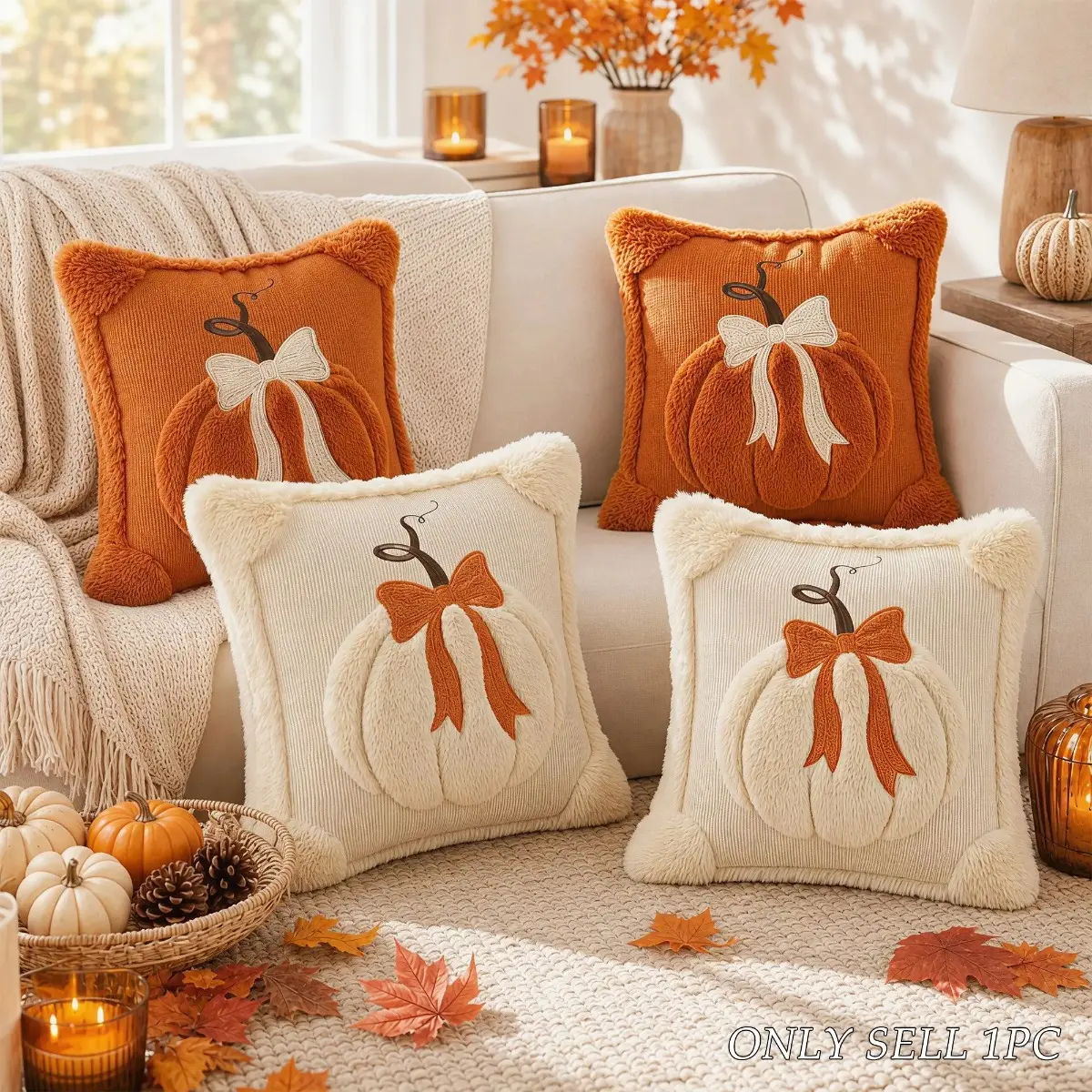 1-2Pcs Embroidered Autumn Pumpkin Bow Pillow Cover, Soft Plush Decorative 45x45cm Cushion Cover, 2 Colors Available, Cozy Home Decor for Living Room Sofa Bedroom Holiday (Sports & Outdoor Accessories Compatibility Note)