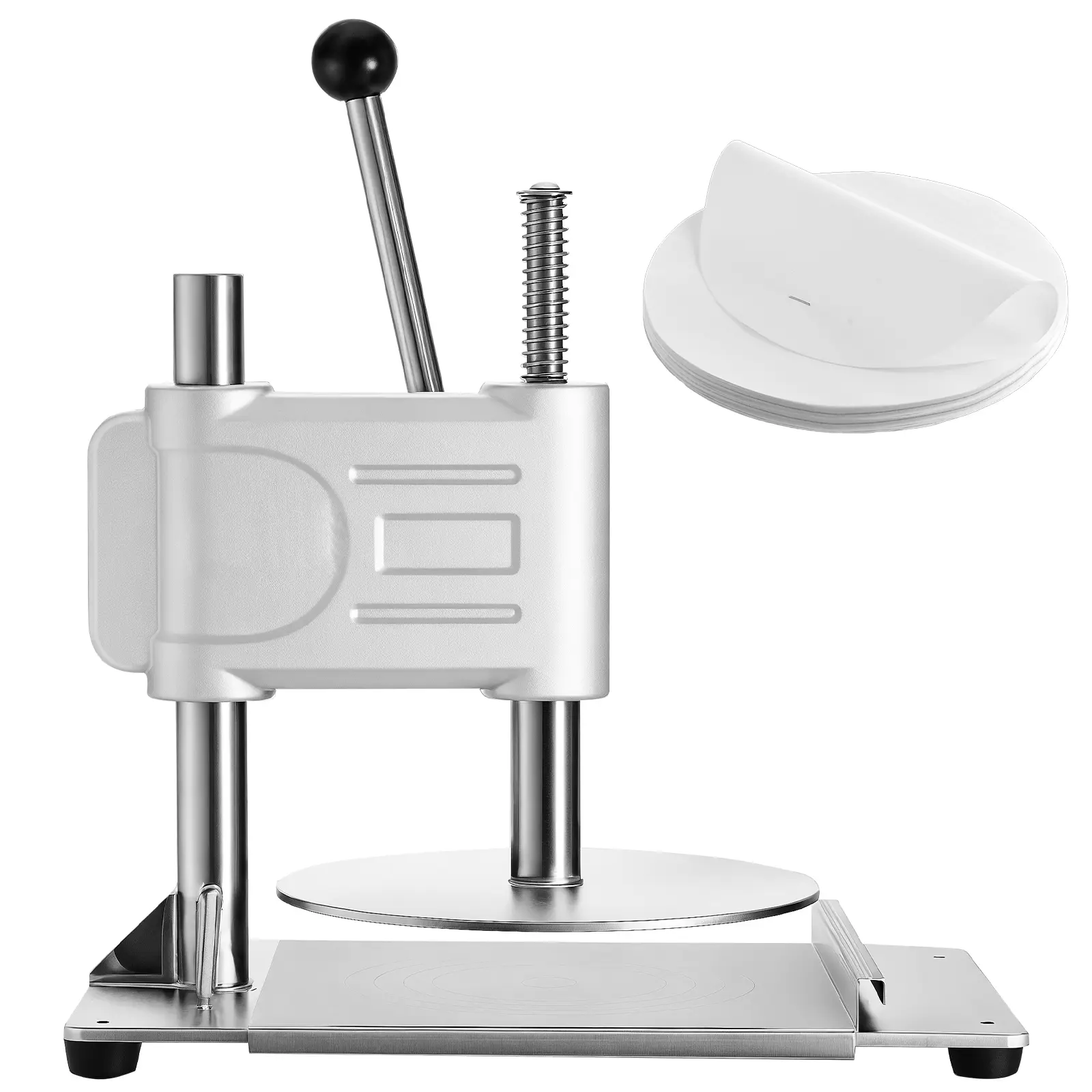 Manual Pizza Dough Press Machine, 9.5 inch Pizza Pastry Press Plate, Stainless Steel Bread Presser, Commercial Chapati Sheet Crust Maker, Forming Machine with Handle and 100 Pcs Parchment Paper