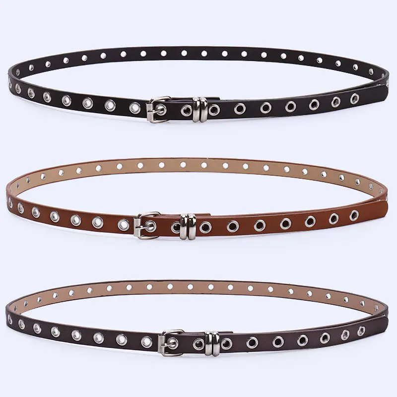 Women's Punk-Style Slim Statement Belt with Metal Eyelet Detail and Buckle - Female Clothes Accessory for Accentuating Waistline, Makes Jeans Look Slimmer