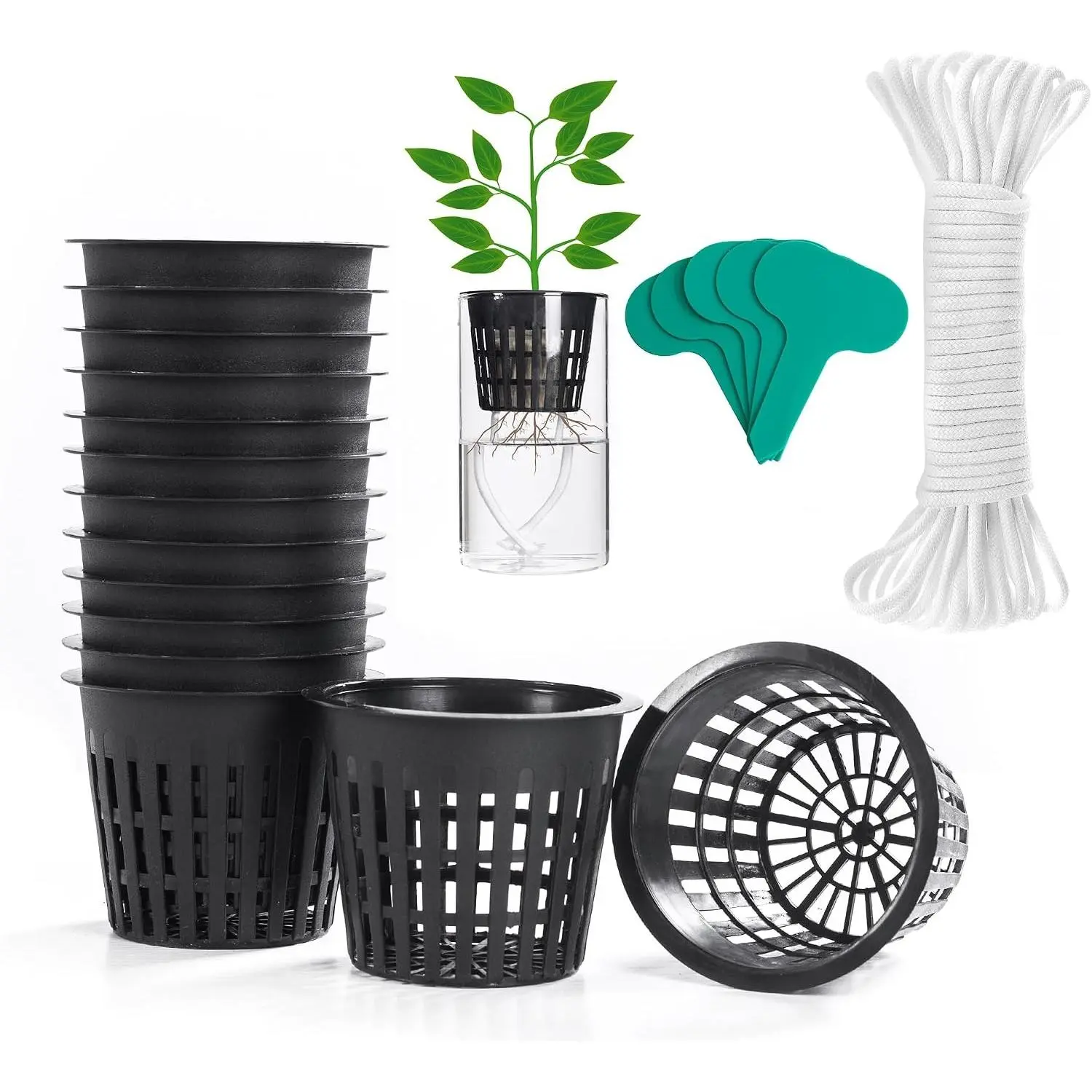 3 inch Net Pots for Hydroponics, 50 Pack Net Cups with Self Watering Rope & Plant Labels, Nursery Pots for Kratky Aquarium Plant, Hydroponic Baskets Garden Vegetables Growing