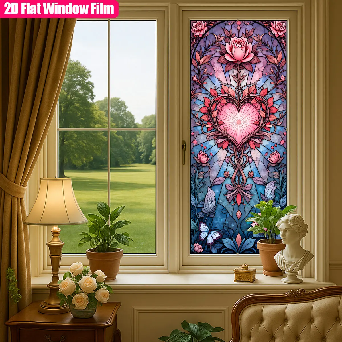 2D Flat, 2D Electrostatic Adhesive Window Cling with Heart-Shaped Patterns and Floral Artwork Featuring Roses and Other Flowers, Colorful Stained Glass Window Film, Decorative Pattern Window Film Suitable for Living Rooms, Christmas