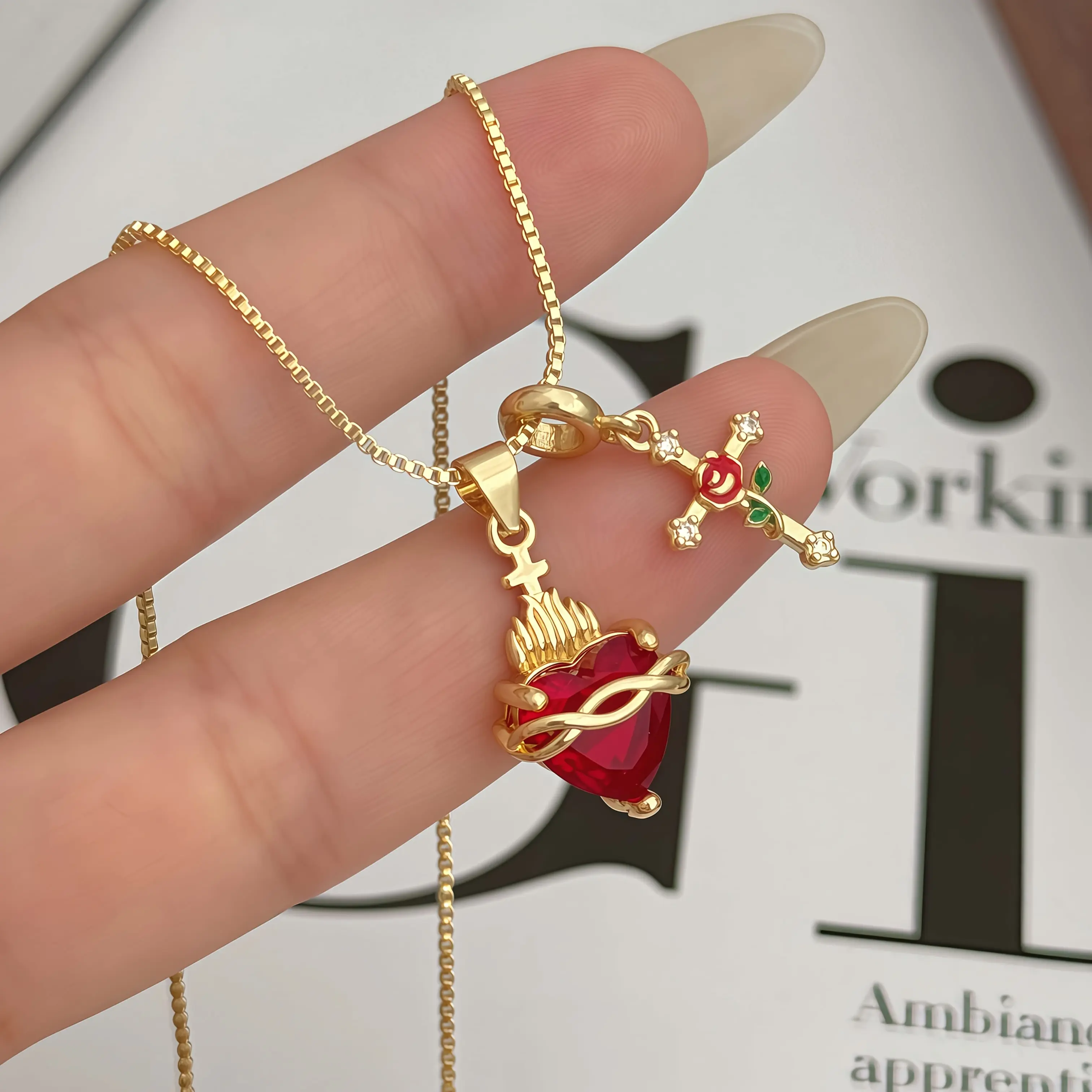 Retro Bohemian Sacred Heart Necklace, 14K Gold Box Chain With Red Zircon Flaming Heart & Crystal Cross Charm, Catholic Faith Amulet Jewelry For Her, Meaningful Gift For Ladies,Layerable Stackable Sacred Heart Necklace