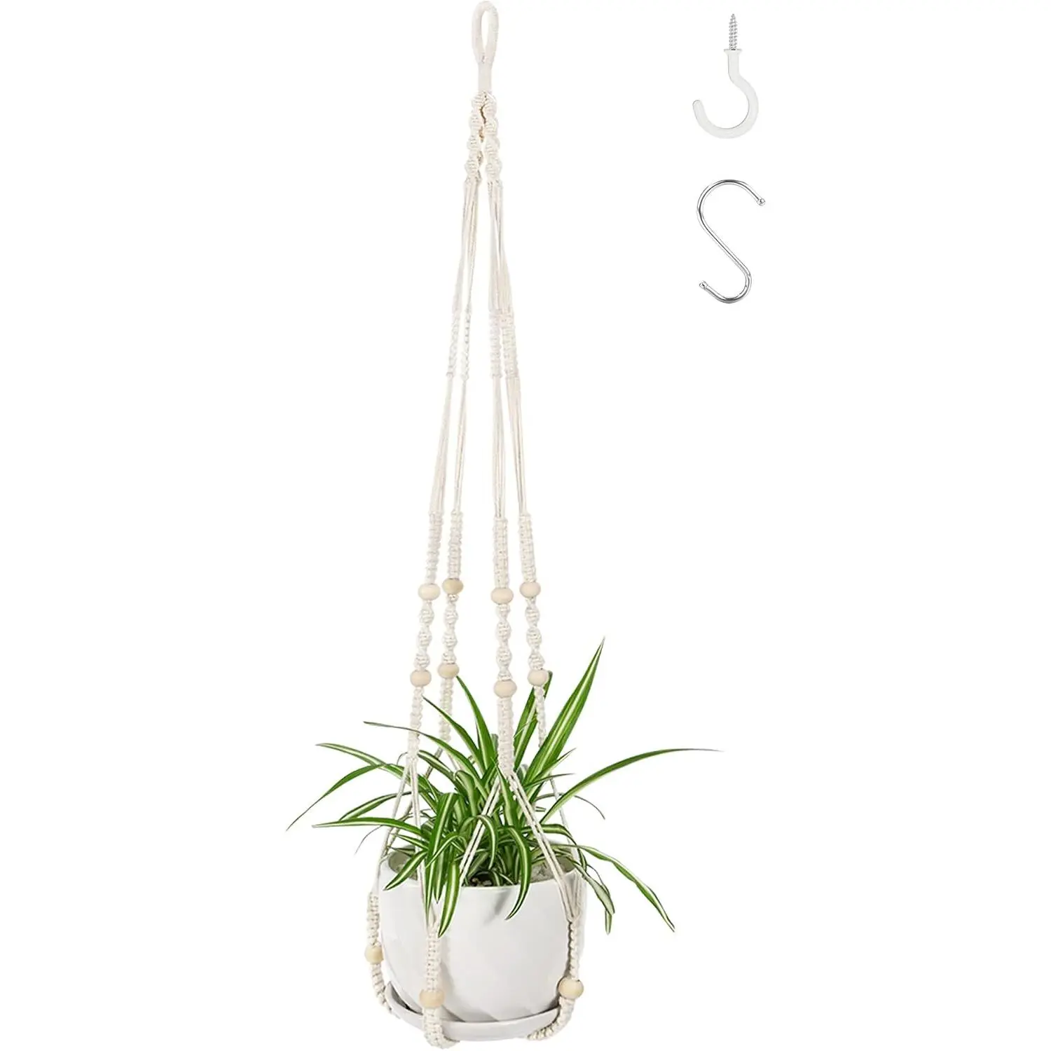 43-Inch Modern Macrame Hanger - Large No-Tassel Crochet Rope Basket, Decorative Flower Pot Holder with 2 Hooks for Boho Decor, Indoor Planter Support