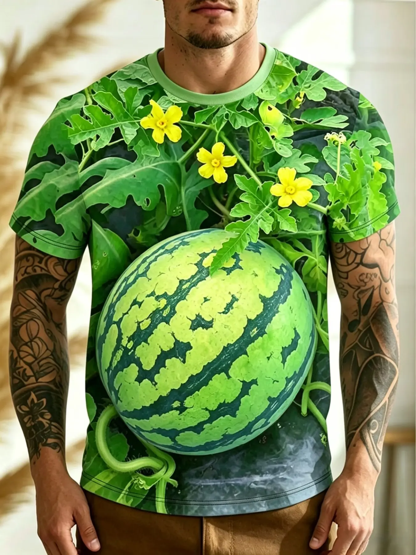 Men's Casual Sporty T-Shirt, Creative Watermelon Print, Watermelon Pattern, Round Neck, Short Sleeve, All Seasons