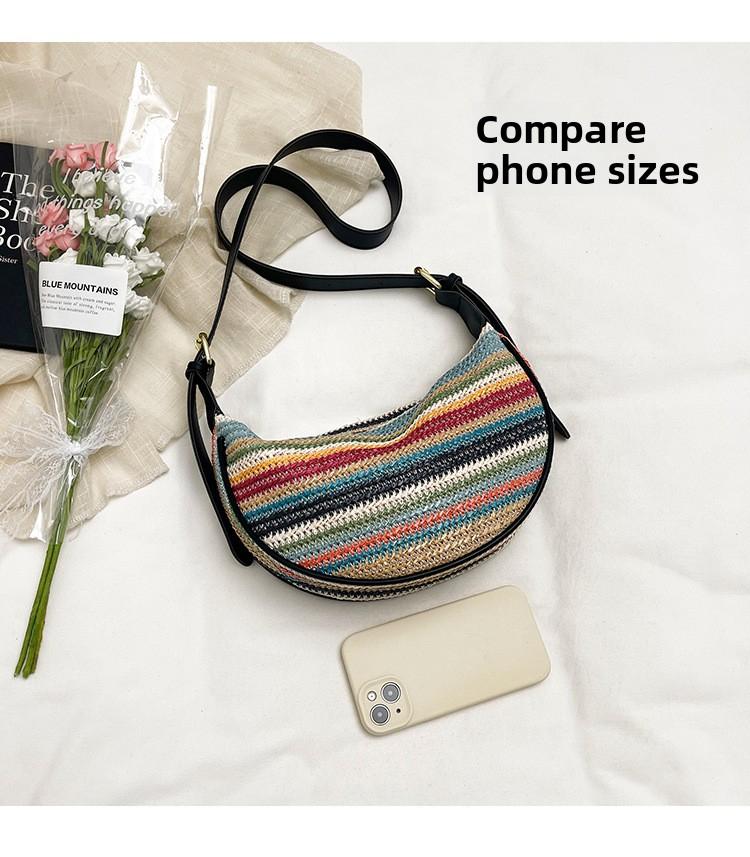 Summer Woven Bag for Women – New Style Large Capacity Cross-body Bag with Shoulder Strap – Rainbow Stripes Dumpling-Shaped Woven Fabric Tote for Daily Commuting