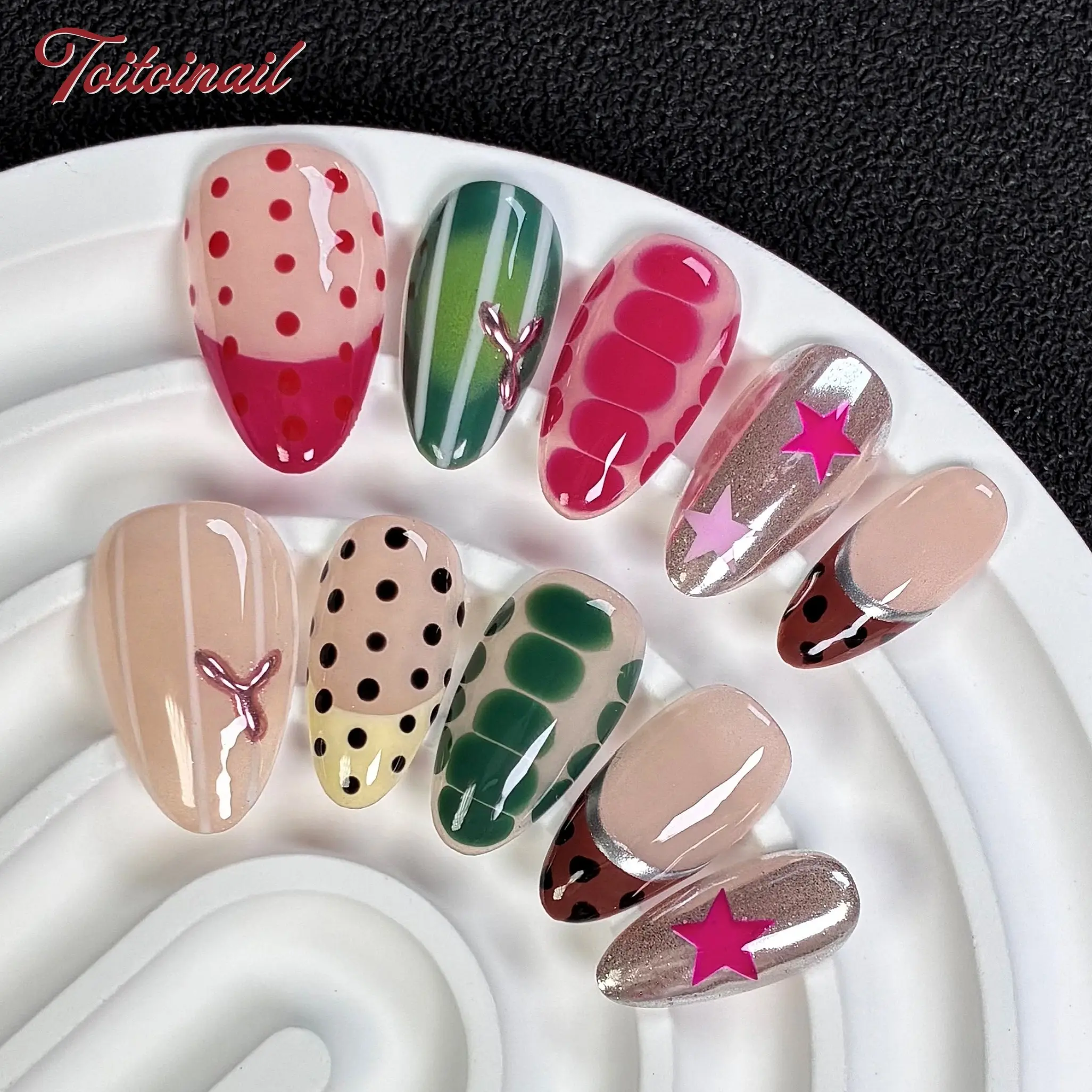 Retro Mix Press On Nails | Short Almond,10pcs Handmade glossy multicolor nails with polka dot, stripe & snake print patterns, pink star accents, vibrant Y2K style reusable fake nails