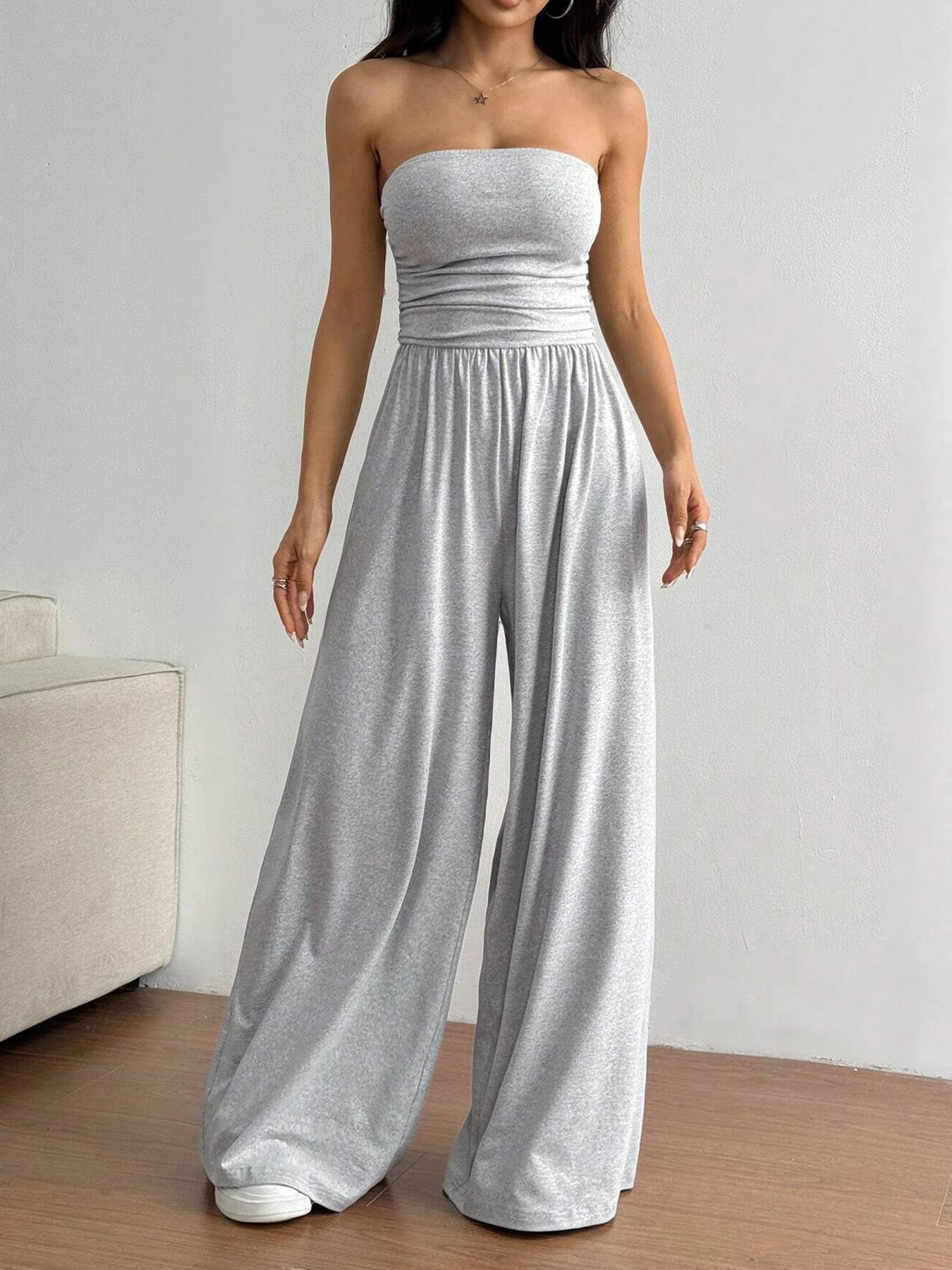 Women's Solid Color Tube Jumpsuit, Casual Fashion Jumpsuit for Daily Wear, Women's Jumpsuit for Summer, Casual Jumpsuits