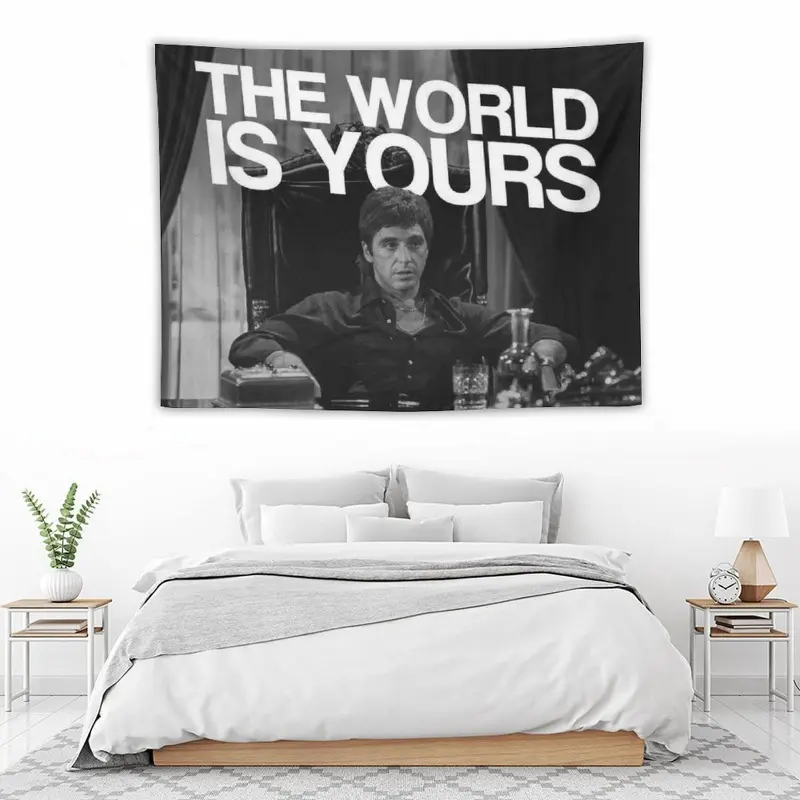 Scarface Sitting Desk Wall Tapestry for Adult Fans, Mid-century Modern Black Flag, Y2K Aesthetic Living Room Wall Decor, Decoration, 1980s Retro Cinematic Poster for Gangster Movie Fans Men Teens
