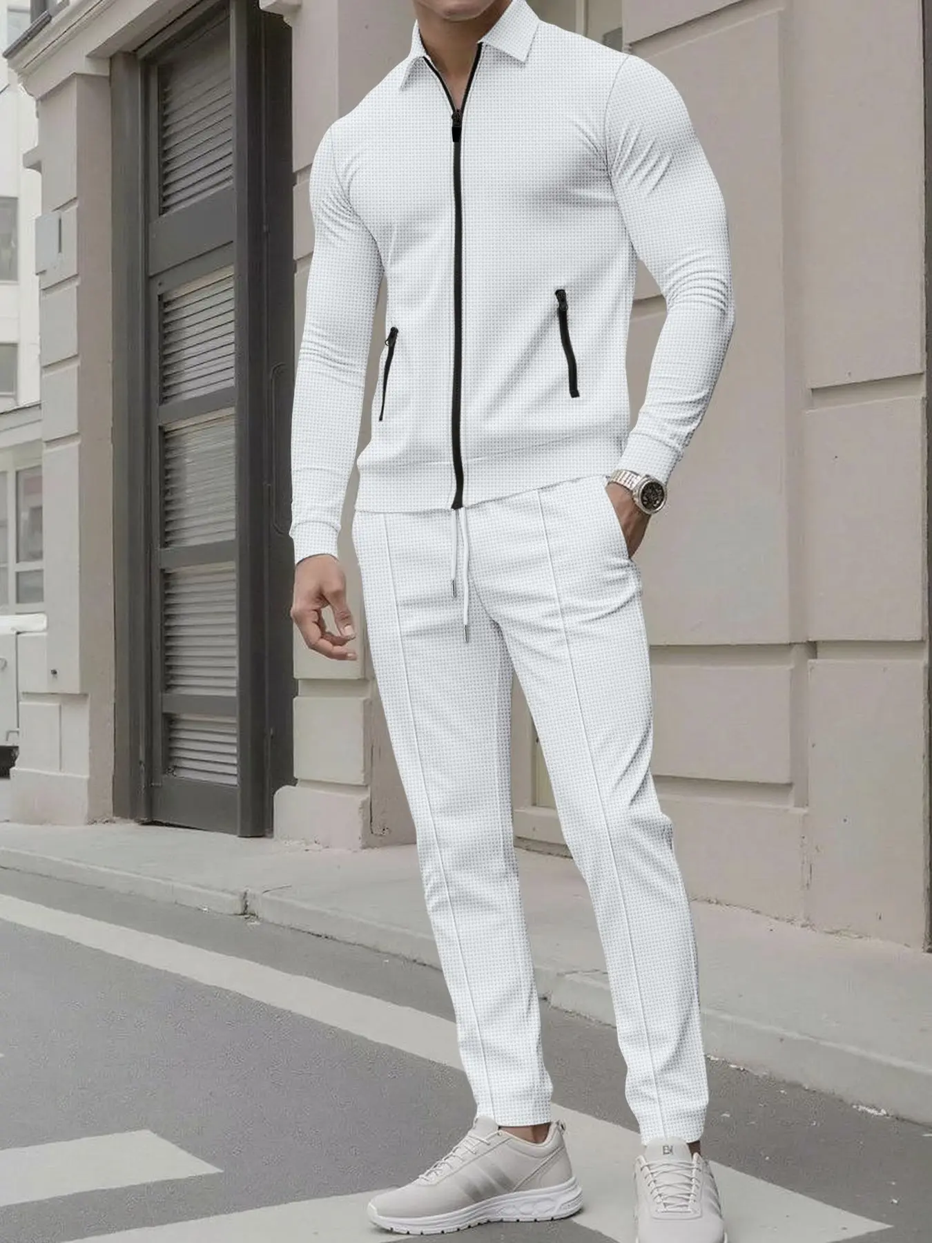 Men's Knit Asymmetrical Blazer Set, Loose-Fitting Long Sleeve Top & High Waist Pants, Casual All-Season, Perfect for Running