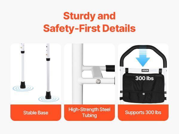 Bed Rail for Elderly, Bedside Assist Rails with Supporting Leg and PU Handrail, Adjustable Height Carbon Steel Pipe Bedside Cane, Bed Bars for Seniors & Patients, Fits King, Queen, Full, Twin