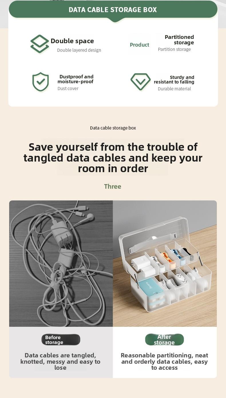 Data cable storage box with compartments, cable organizer, mobile phone charging cable desktop drawer, dustproof flip-top storage box