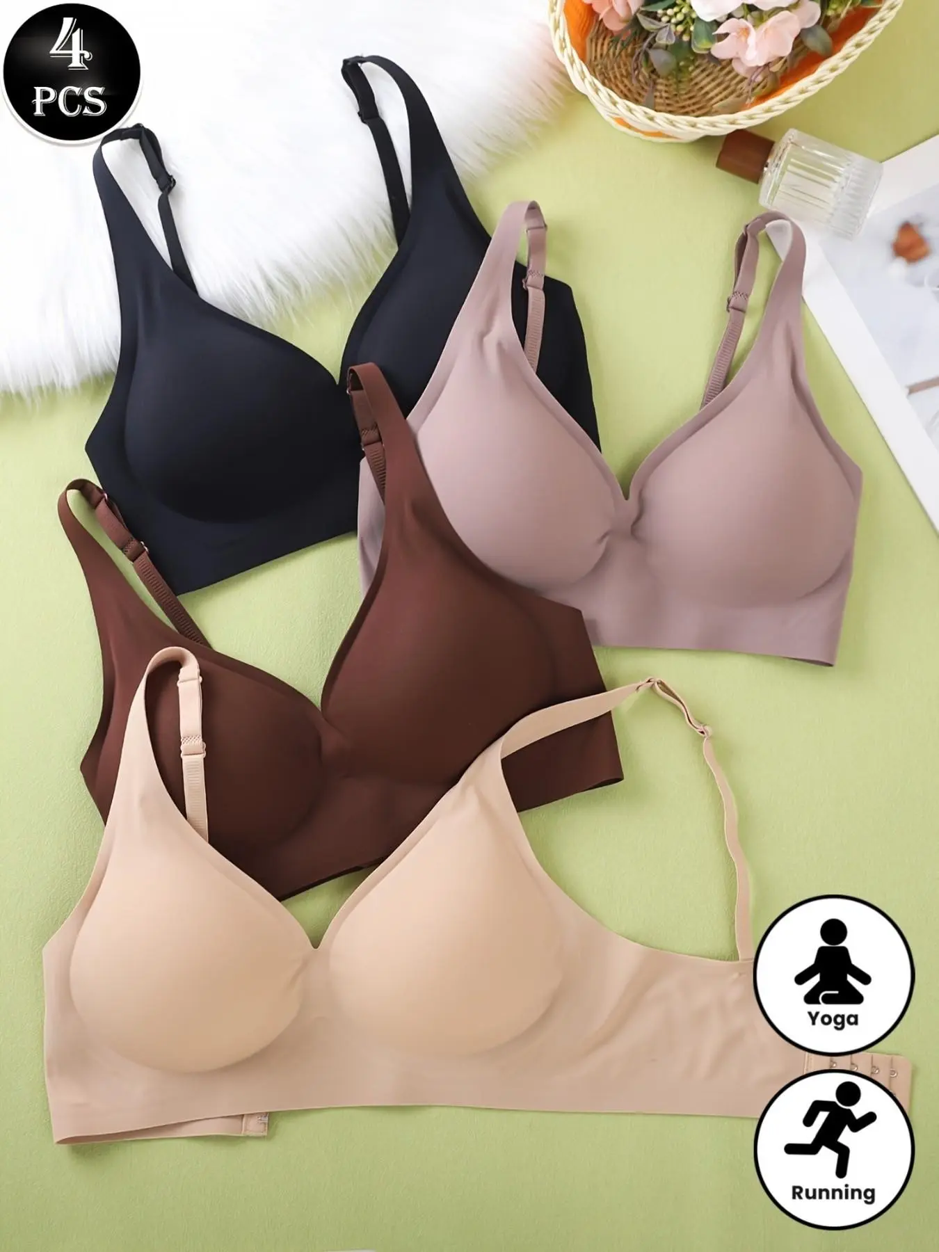 4-Pack Women's Wireless Push-Up Bra, Full Coverage Bra, Seamless T-Shirt Style Underwear, Palm Support, Medium Lift, Comfortable Thin Straps, All Seasons