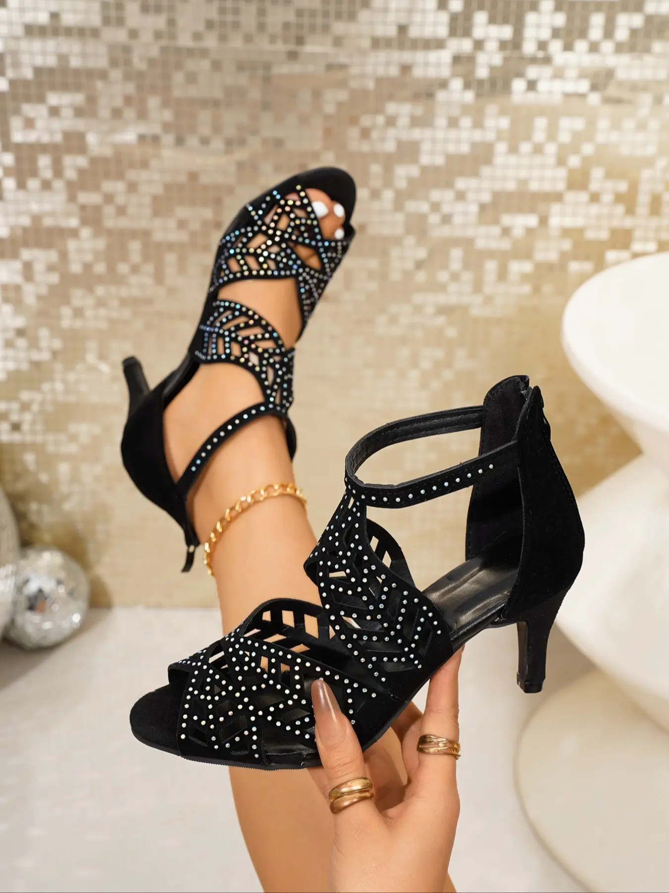 Women's Fish Mouth Mesh Breathable Rhinestone Zipper Sexy Party High Heels, Elegant French Style, Perfect for Spring and Easter