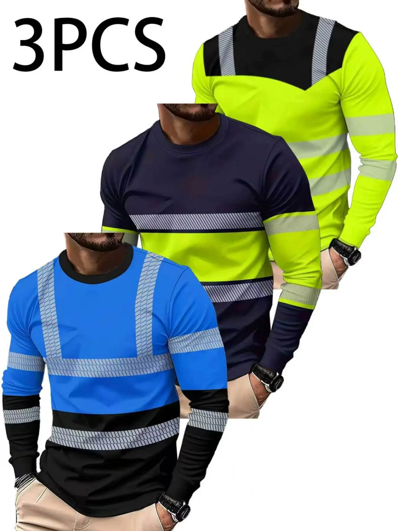 3-Pack Men's Long Sleeve T-Shirts, Colorblock Round Neck Breathable Workwear, Durable Safety Shirt for Outdoor Jobs, Casual Style