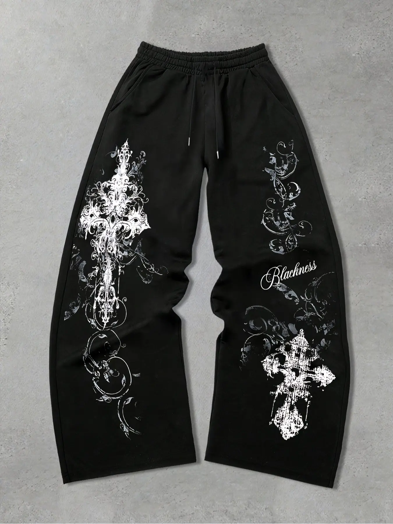 Gothic Street Style Vine Cross Print Wide-Leg Trousers with Drawstring Elastic Waist, Casual Loose Fit Winter Pants with Draped Fabric for Fashion and Comfort
