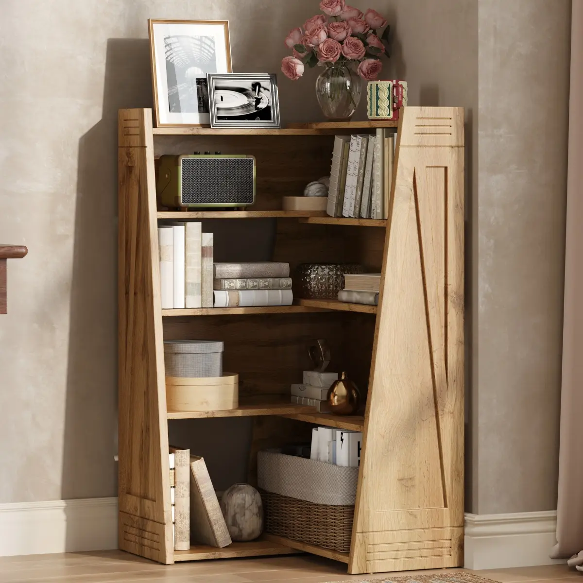 4-Tier L-Shaped Wooden Expandable Bookcase Set, 2-Piece Adjustable Storage Rack Extendable up to 47 Inches for Wall Corners & Small Spaces