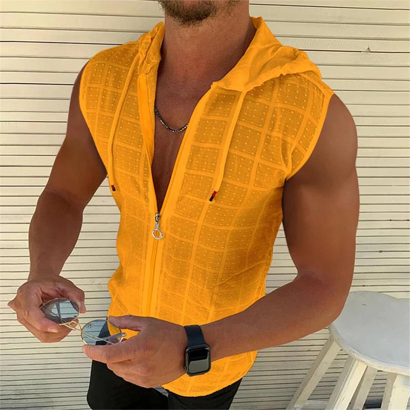 Kyn Apparel Short sleeved hooded zippered cardigan T-shirt for men's summer new fashionable plaid sleeveless t-shirt for men's lapel top