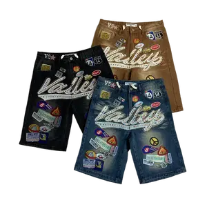 Shining Black Baggy Denim Jorts, VALE Full Brilliant Rhinestone & Letter Embroidery, Cartoon Graphic Knee-Length Shorts, Y2K Hip Hop Streetwear for Summer Fitness & 2026 Coachella Festival | vintage clothing | drip clothing
