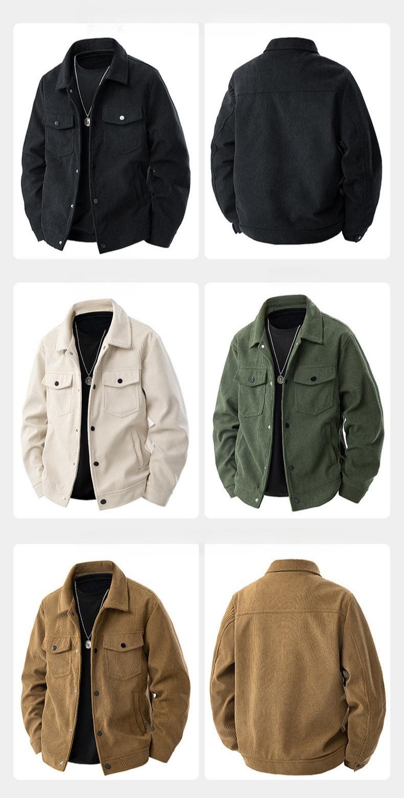 BIGWIG autumn and winter men's corduroy jacket, lapel work jacket, men's warm jacket, men's coat, easy to care for, solid color design, autumn layering items, full zip quilted lining, casual loose warm, vintage wool coat