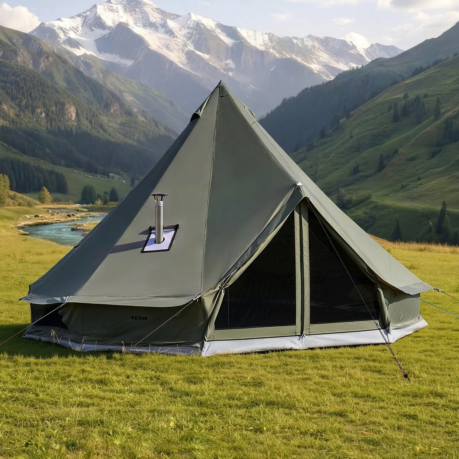 VEVOR Large Bell Shape Canvas Tent, 4-Season 13.12ft Yurt Tent for Camping, Breathable with Stove Jack, Zipped Detachable Floor, Holds Up to 4 People for Family Glamping & Outdoor Hunting, Family Camping