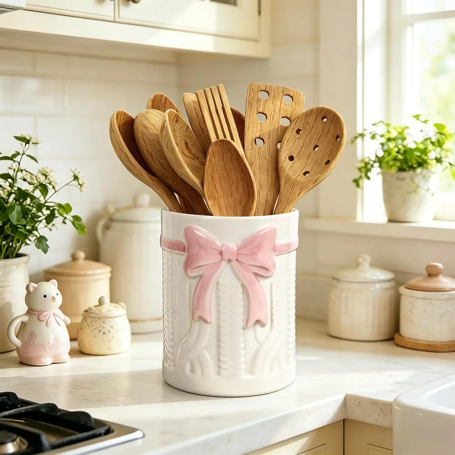 FYSUIMU 3D Pink Bow Pattern Ceramic Utensil Holder, 5.1 x 6.3 Inch Durable Storage Crock for Knives & Cooking Tools, Coquette Party Home Kitchen Countertop Decor