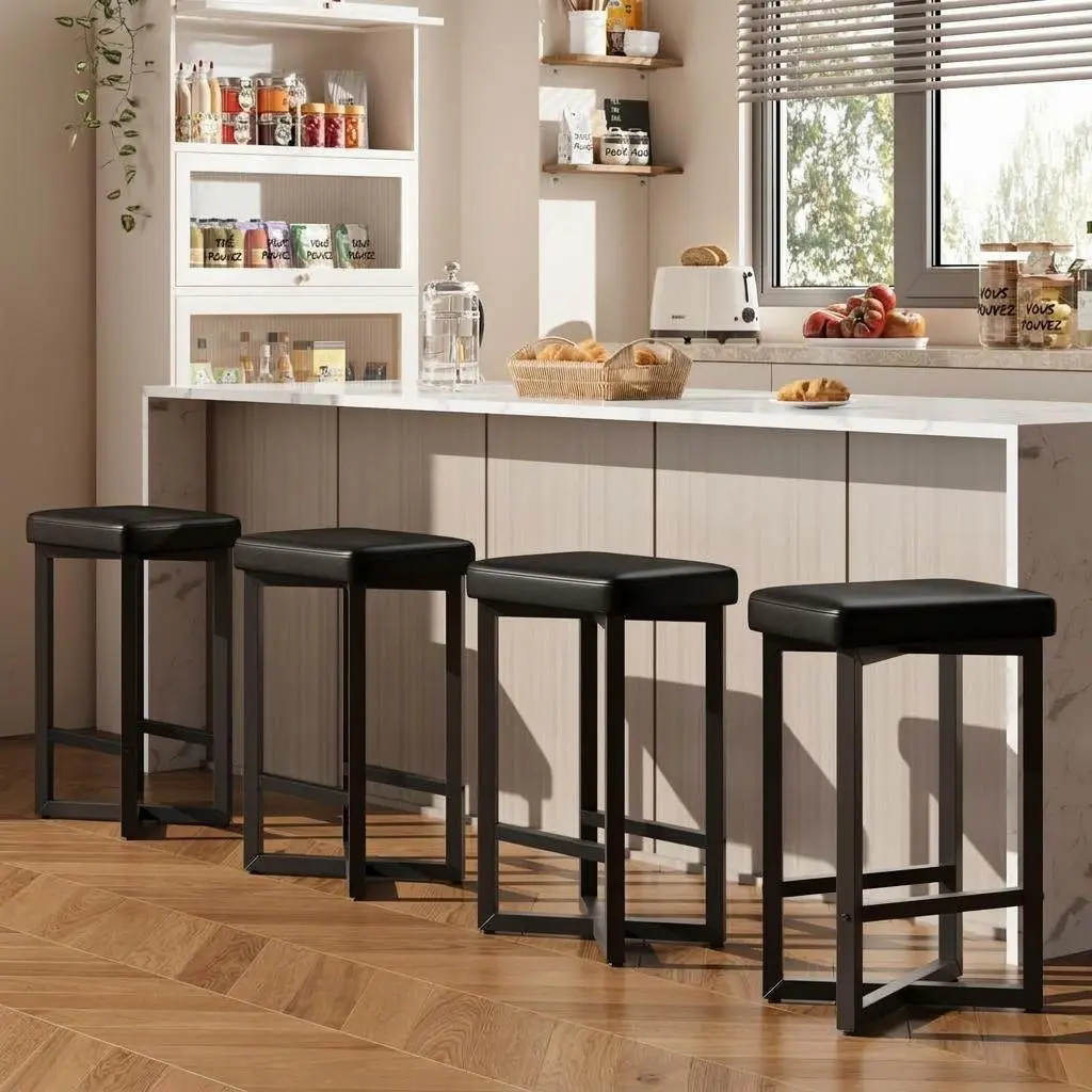 4Pcs 24.6" Bar Stools, Counter Height Backless Barstools, Upholstered PU Leather Seats with Metal X-Frame & Footrest, Modern Kitchen Stools for Home Bar & Dining Room, Black