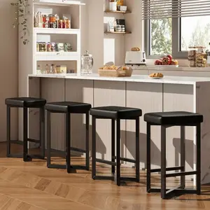 4Pcs 24.6" Bar Stools, Counter Height Backless Barstools, Upholstered PU Leather Seats with Metal X-Frame & Footrest, Modern Kitchen Stools for Home Bar & Dining Room, Black