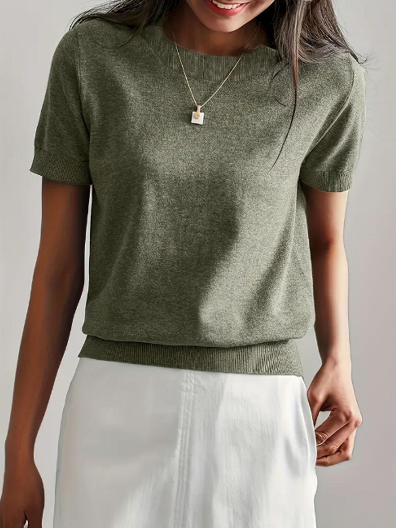 Women's Solid Color Crew Neck Short Sleeve Lightweight Loose Sweater, Casual Basic Minimalist Knit Pullover for Spring & Fall, Fashion Women's Knitwear for Daily Wear, Womenswear Women's Solid Color Crew Neck Short Sleeve Lightweight Loose Sweater, Casual Basic Minimalist Knit Pullover for Spring & Fall, Fashion Women's Knitwear for Daily Wear, Womenswear