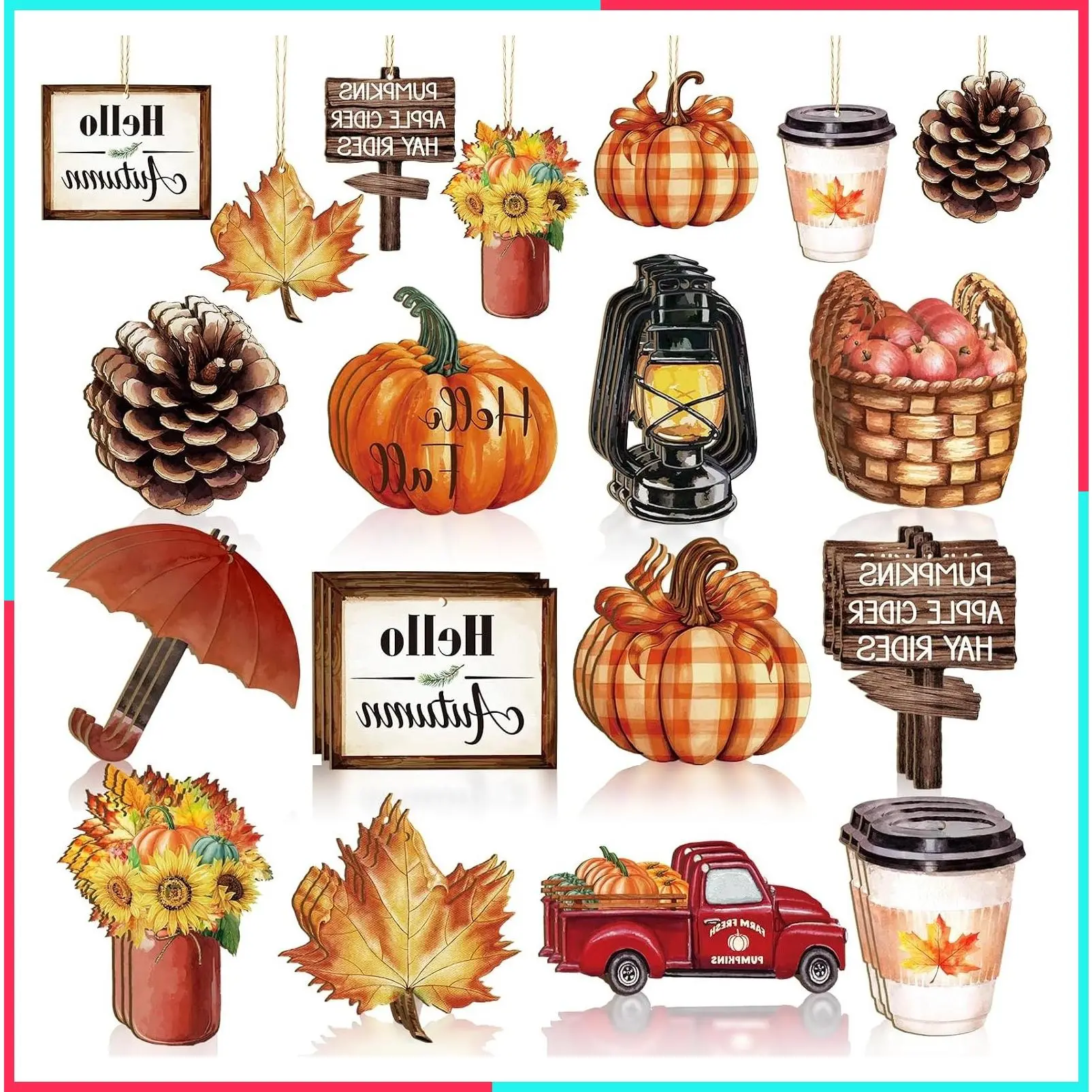36Pcs Wooden Fall Ornaments for Thanksgiving Tree Decor, 12 Styles Harvest Vintage Pumpkin Maple Leaf Cutouts, Hanging Autumn Decor, Coffee Mug Gift Tags, Hello Fall Truck