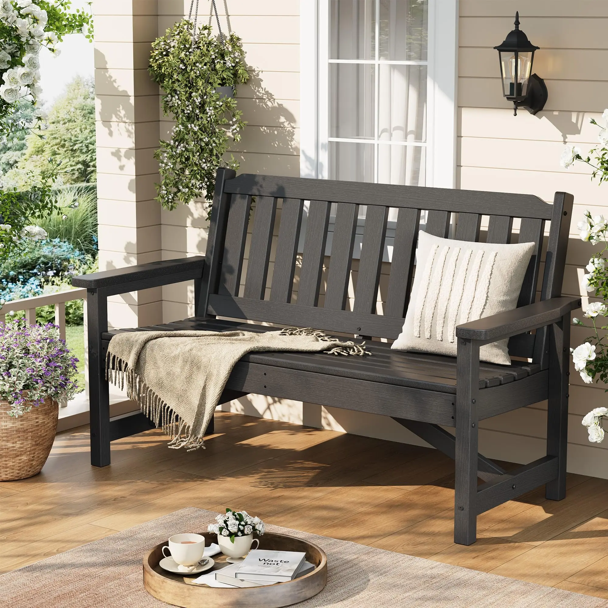52 Inch HDPE Outdoor Bench - Weatherproof 2-Person Park Bench, 600 lbs Capacity, Heavy Duty Poly Seating, Wood Grain, Easy Assembly - Perfect for Patio, Garden, Backyard, Porch