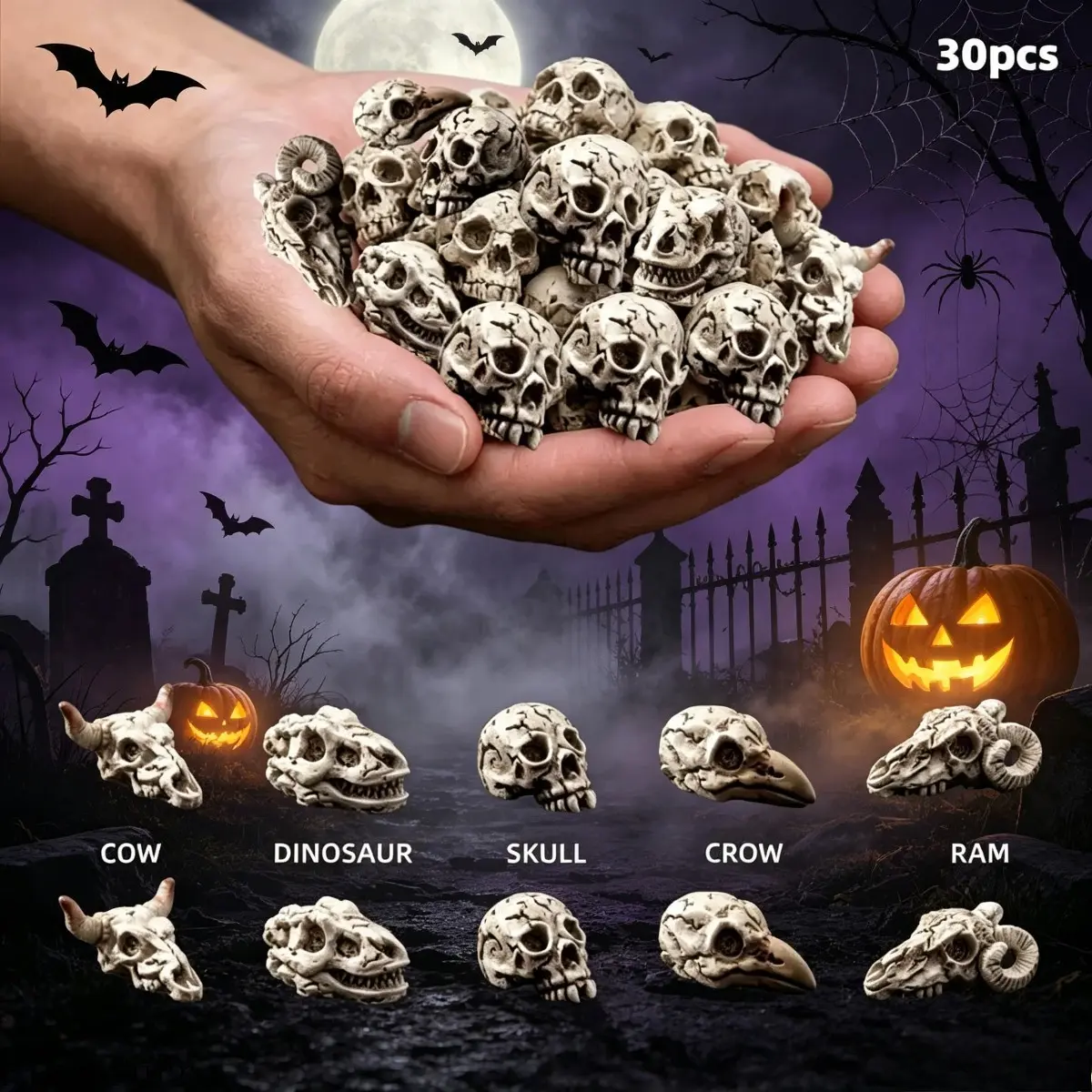30PCS Gothic Resin Ornaments, Mini Animal Head Charms Including Crow, Dinosaur & Cow, Versatile DIY Accessories for Bags, Plant Pots & Crafts, Spooky Design Ideal for Halloween & Themed Party Decoration, Lightweight & Durable Craft Set