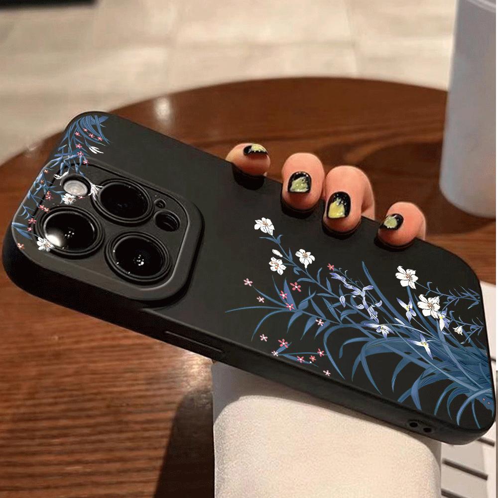 1pc black matte phone case with floral illustrations of plants and green leaves, suitable for iPhone 17/17Pro/17Air/17ProMax/16/16Pro/16Plus/16ProMax/15/15Pro/15Plus/15 ProMax/14/14Plus/14Pro/14ProMax