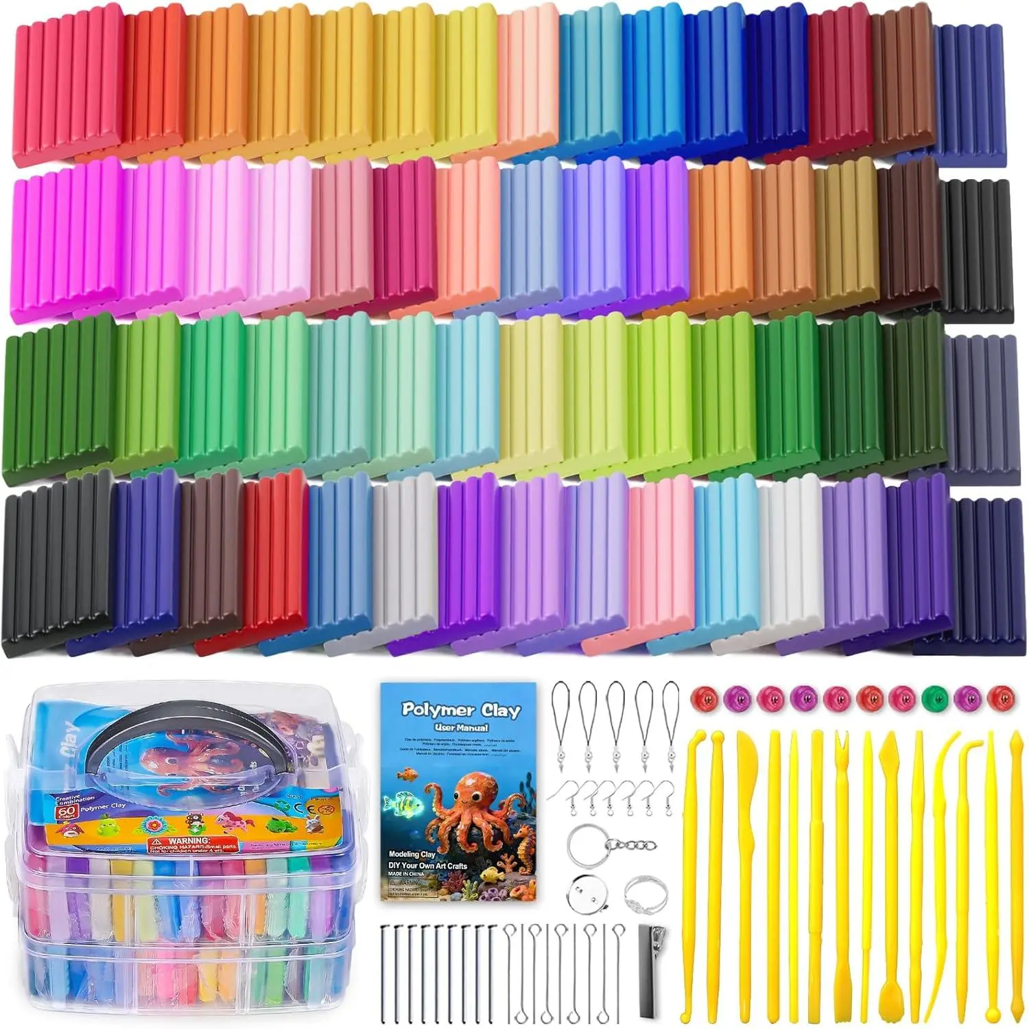 60 Colors Polymer Clay, Oven Bake DIY Modeling Clay for  | Easy to Shape, Non-Sticky, Model Clay Toys with Sculpting Tools, Art  for School Project,  Decor,  for Artists