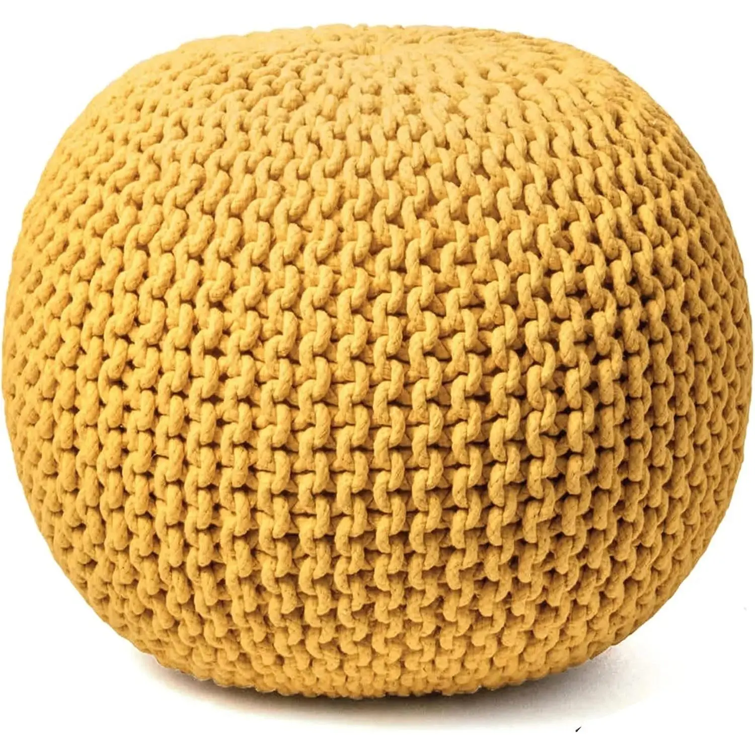 100% Cotton Round Pouf Ottoman - Hand Knit Texture, 20x14 in Round Shape Foot Stool, Floor Chair for Living Room - Foot Rest for Couch, Yellow