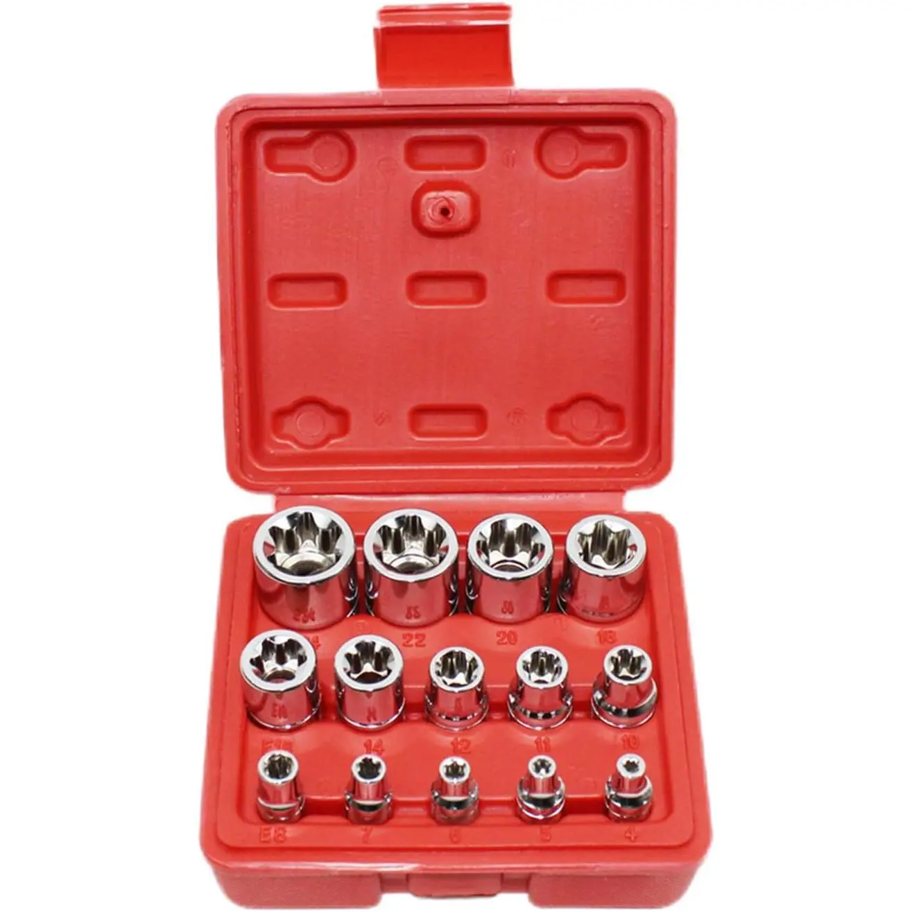 14 count E-Torx  Socket Set with Case, 1/4, 3/8, 1/2 in. Drive Female External  Socket Set E4-E24 Torque Socket Set